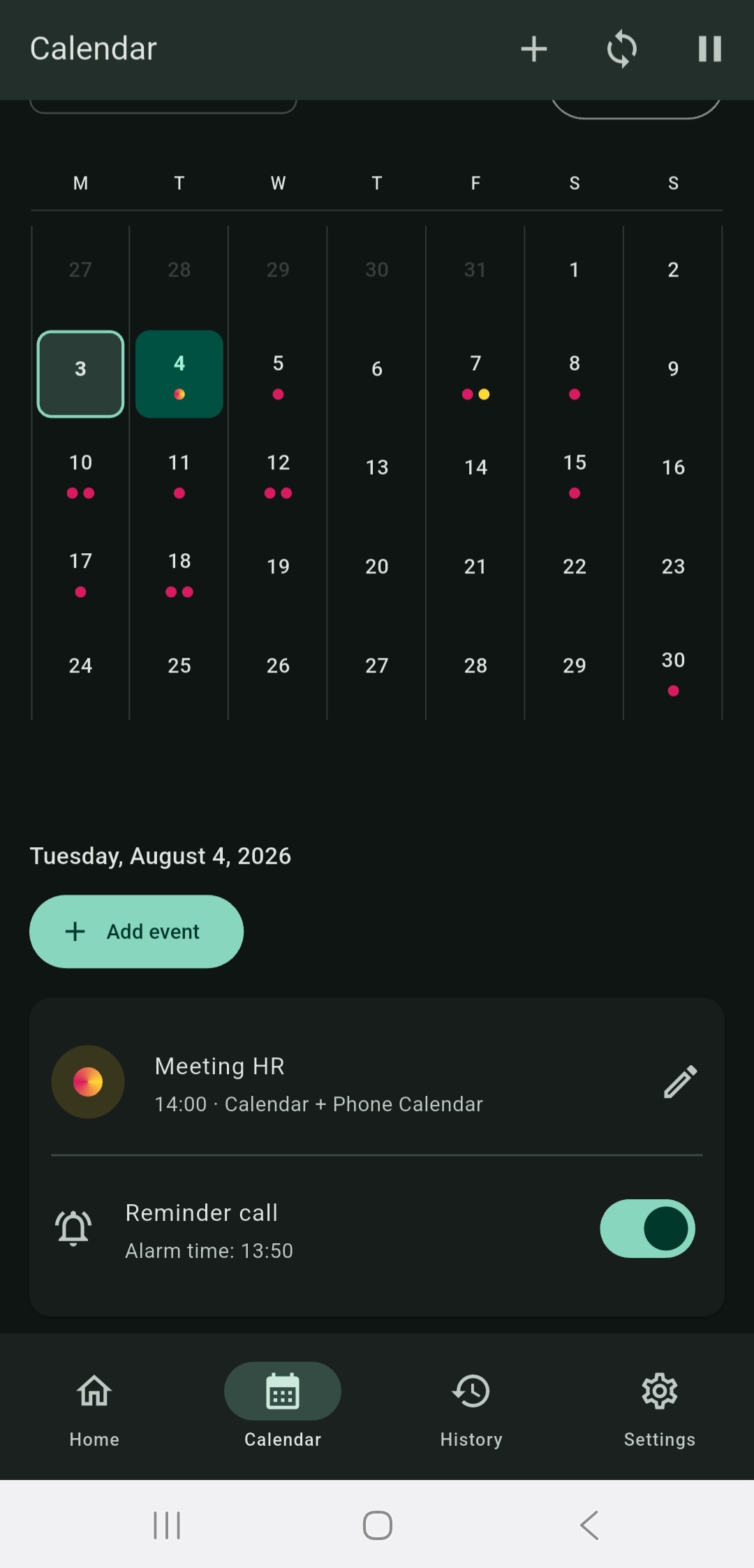 Callgenda calendar with a reminder call