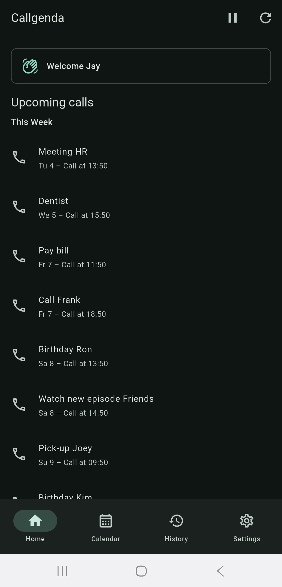 Callgenda upcoming calls screen